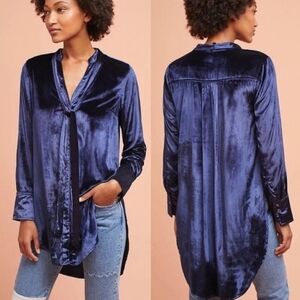 Anthropologie Maeve Blue Velvet High Low Tunic Blouse 6